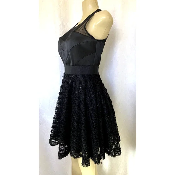 Milly Dress Mesh Satin Lace Sleeveless Fit Flare Black Round Neck Back Z… - Picture 2 of 5